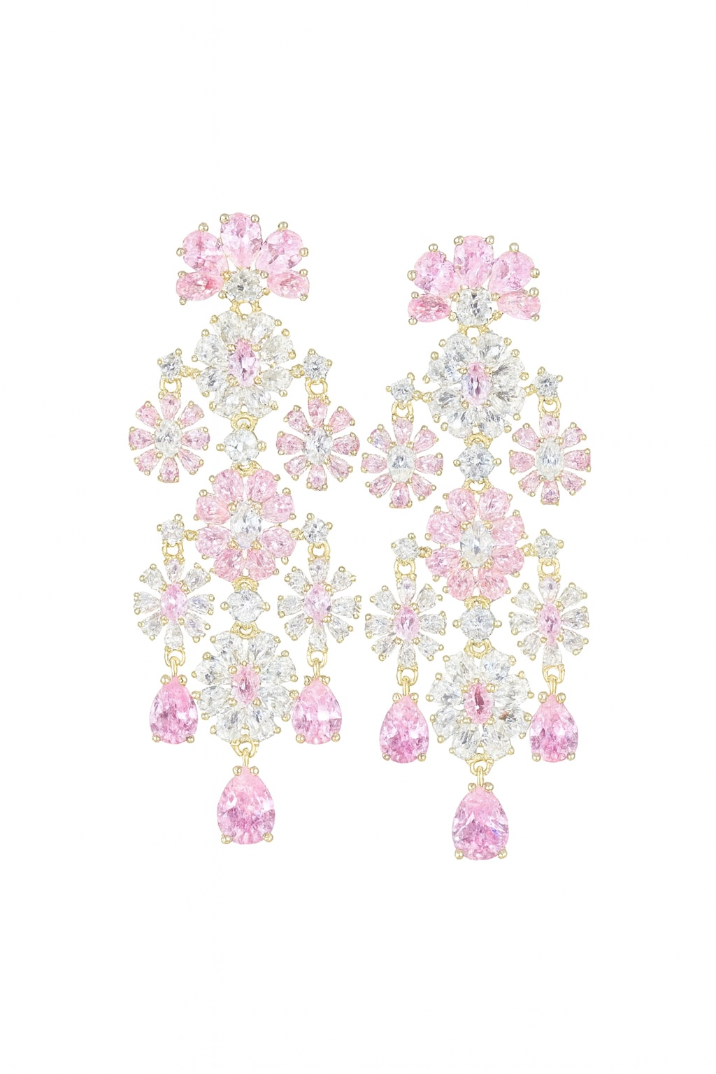 Gold-colored long flower-shaped earrings with pink zirconias