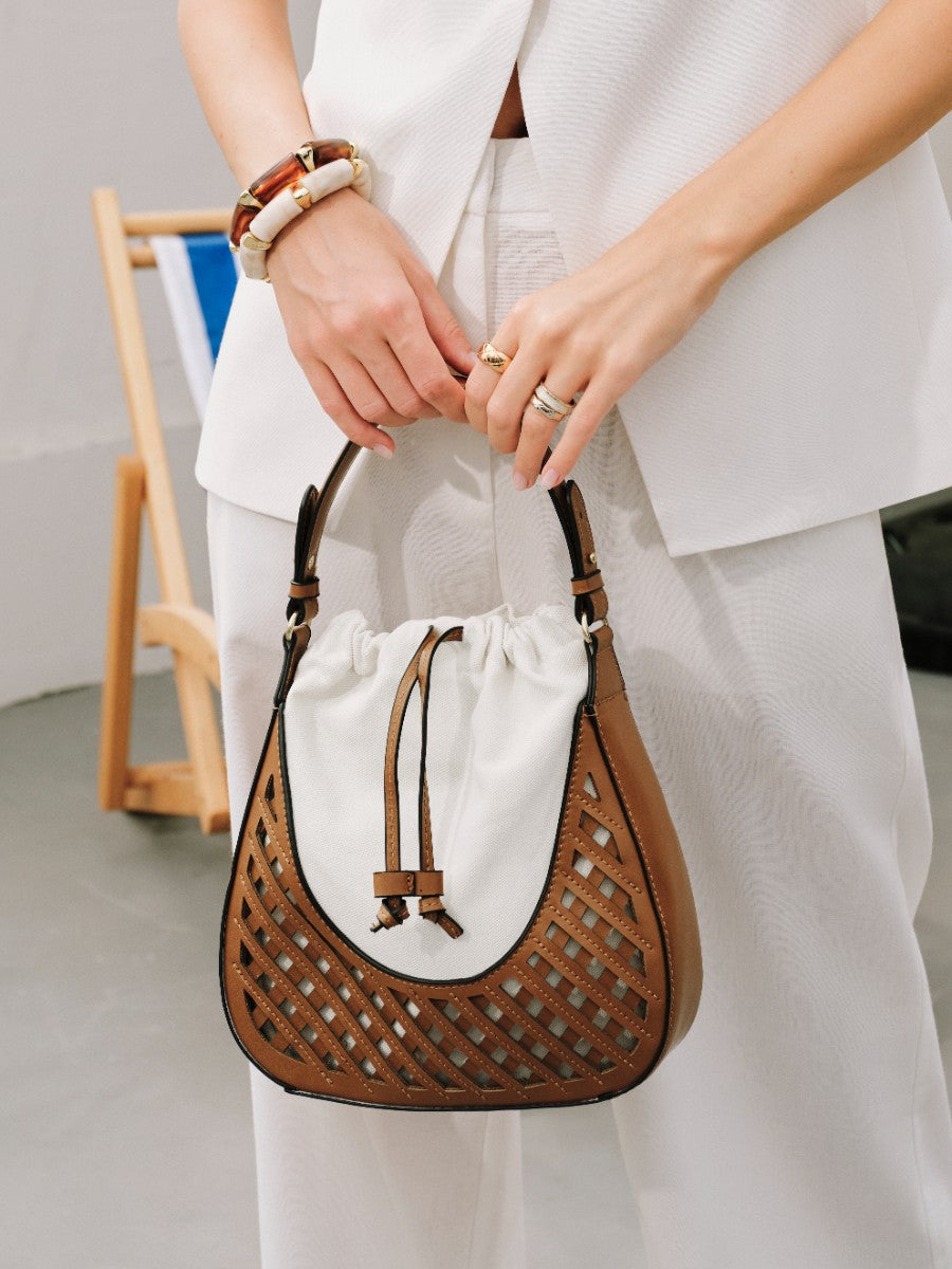 Woven Leather Drawstring Bag