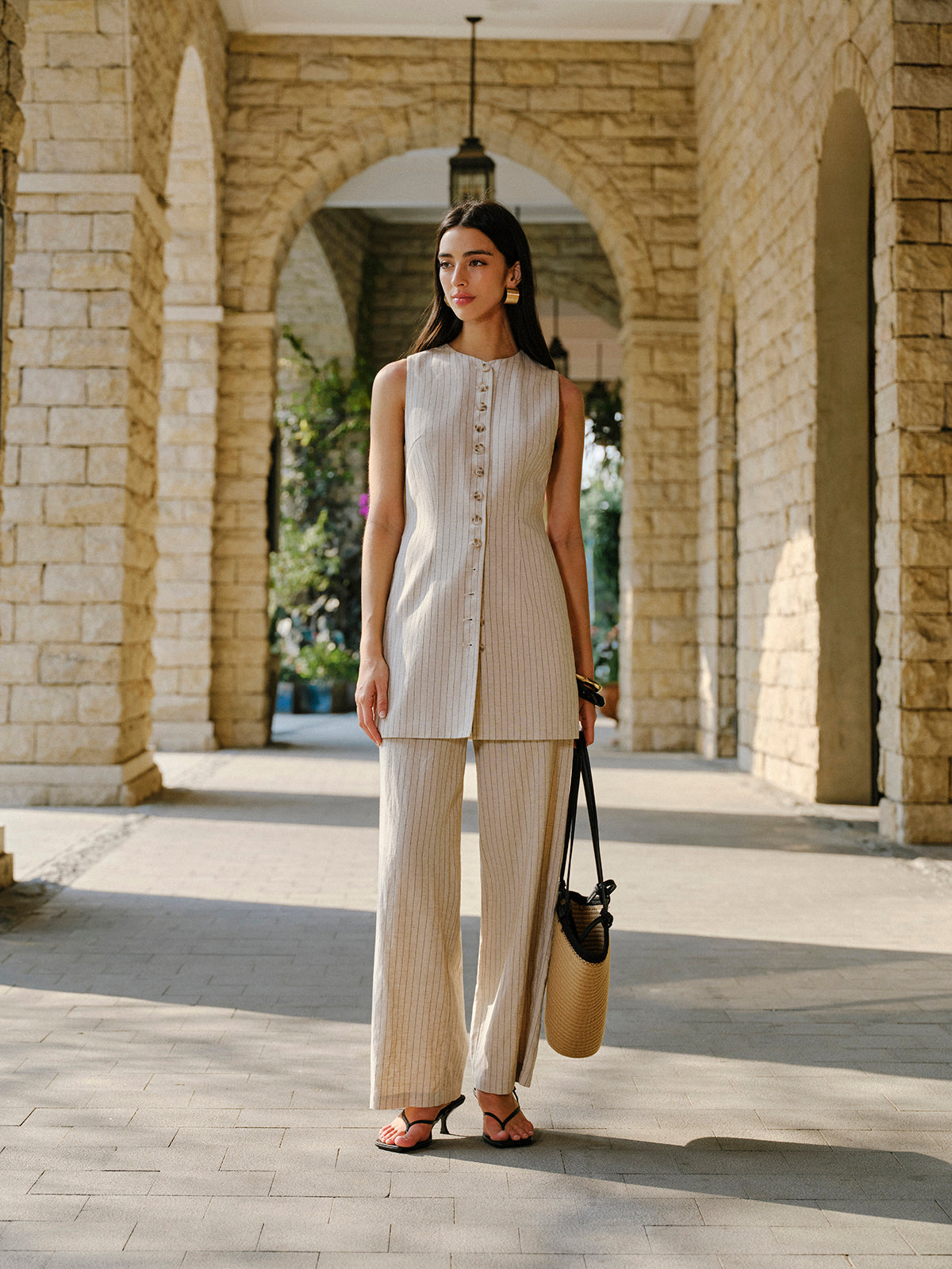 Linen Blend Mid-Waist Pants With Pockets