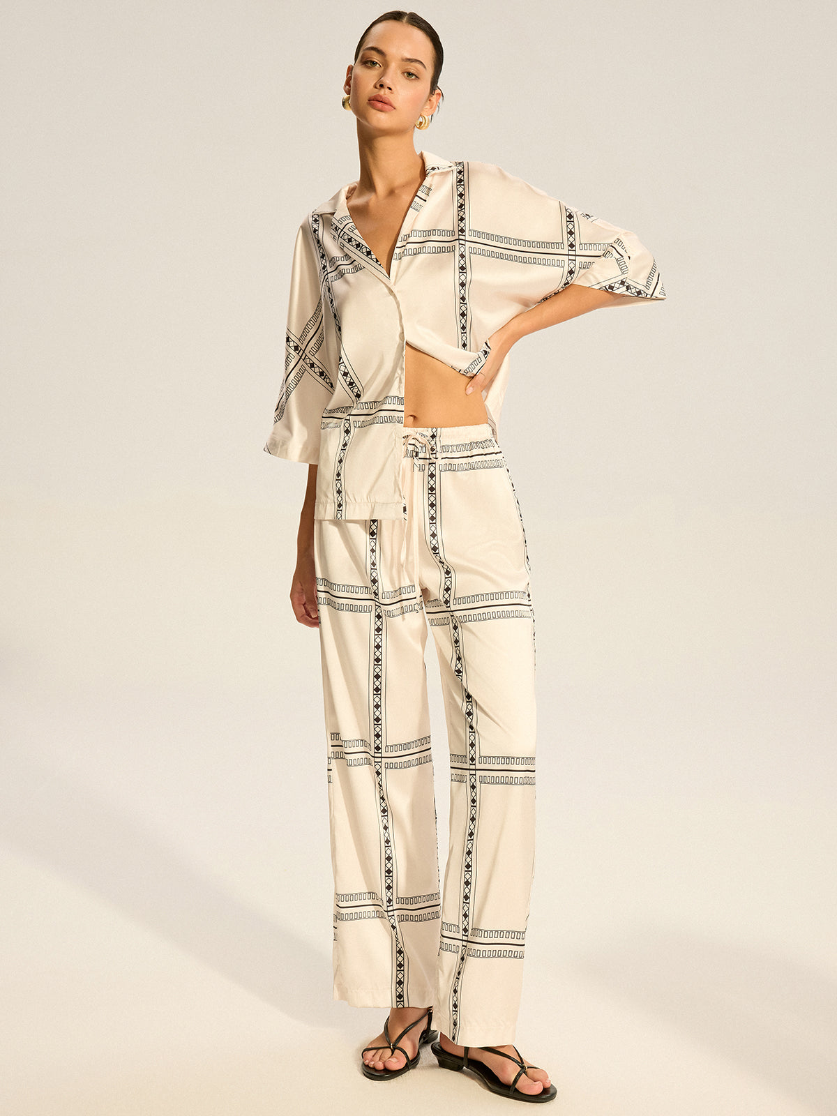 Geometric Printed Satin Pants Set