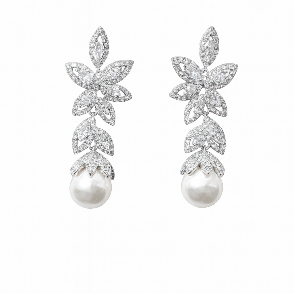Silver-colored flower earrings with pearls and zirconias
