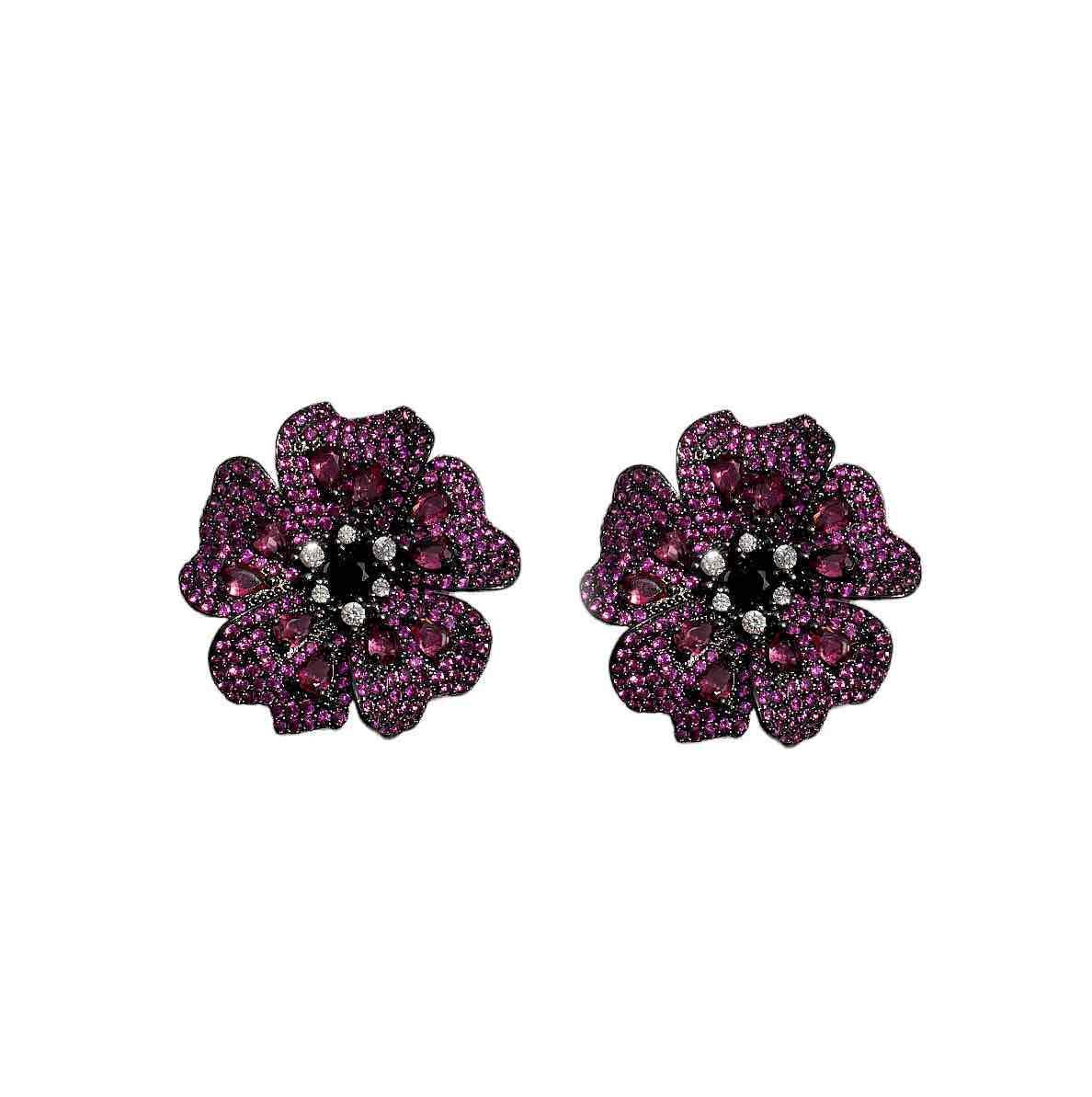 Flower stud earrings with dark pink and white zirconia
