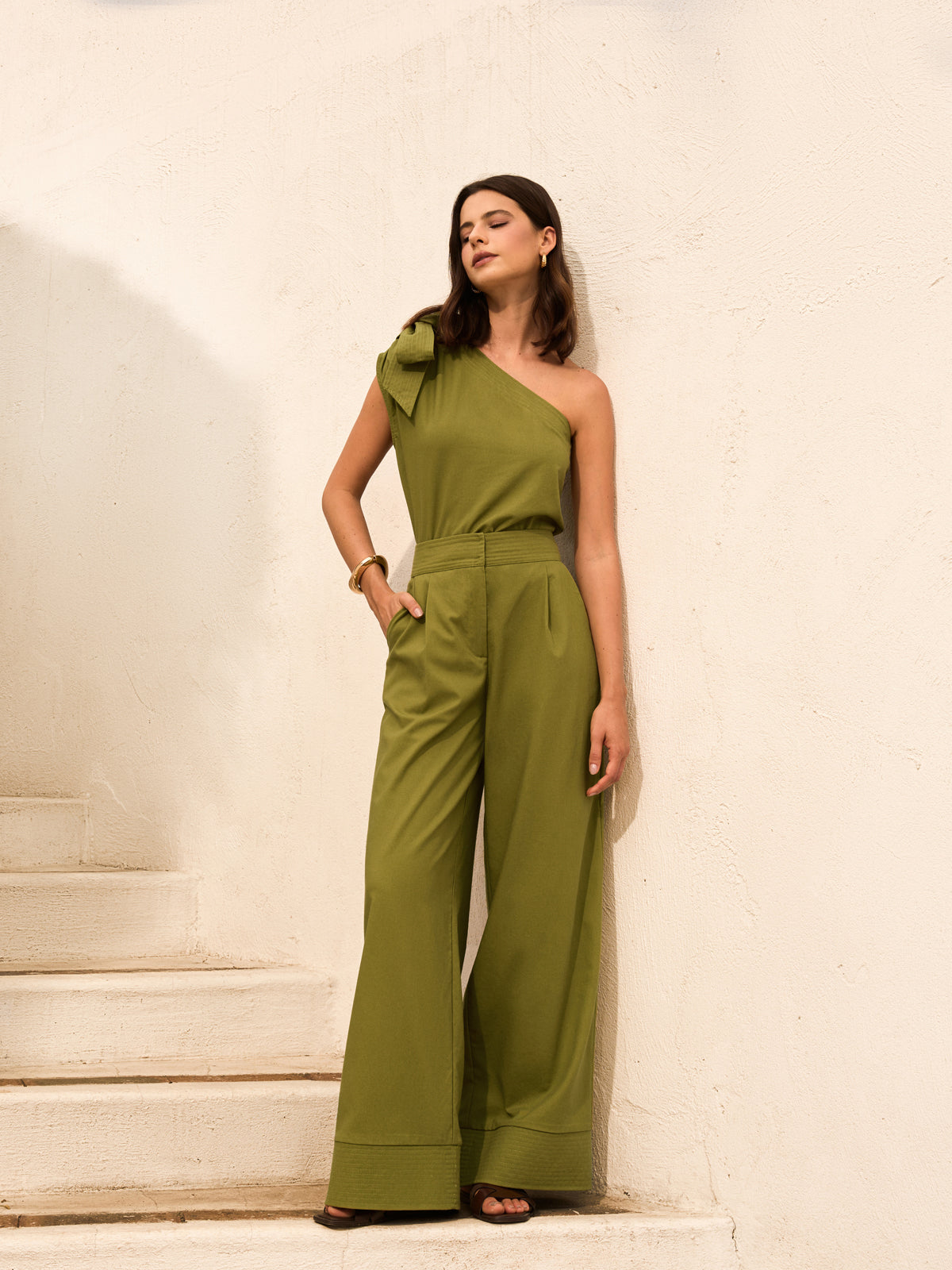 Cotton & Linen One-Shoulder Top With Pants Set