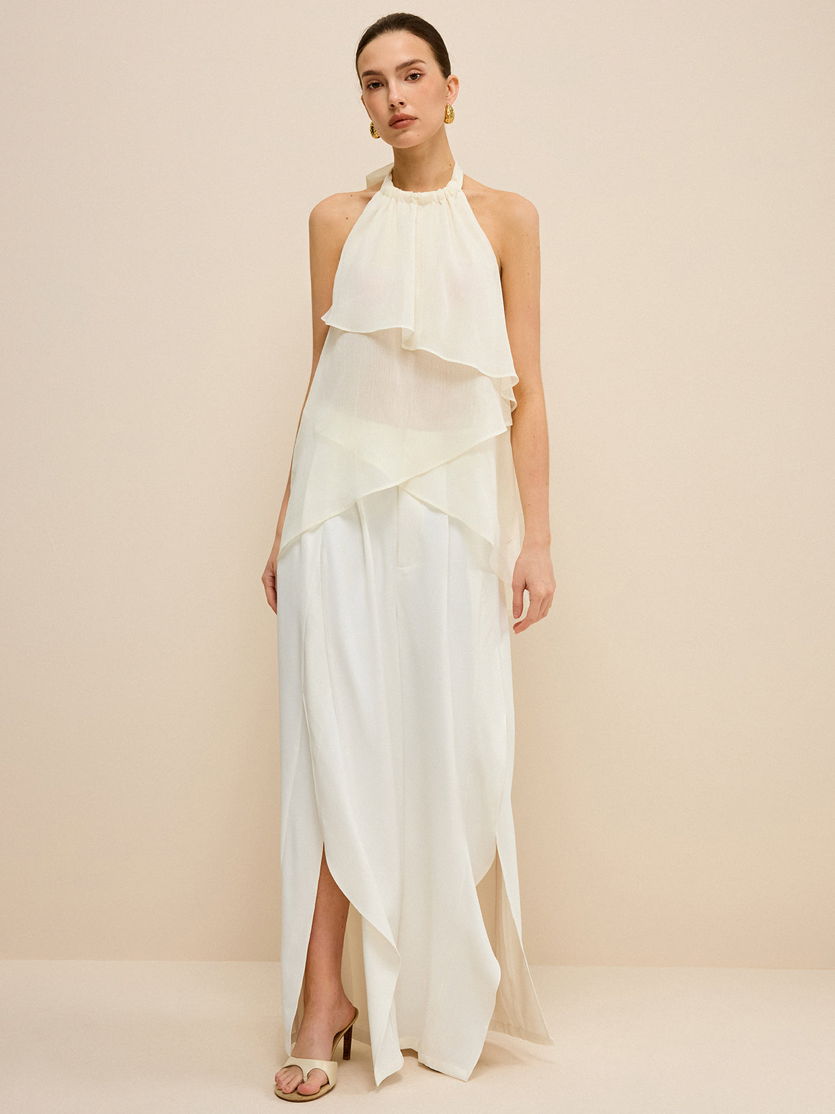 Mid-Waisted Wide-Leg Pants with Side Slits