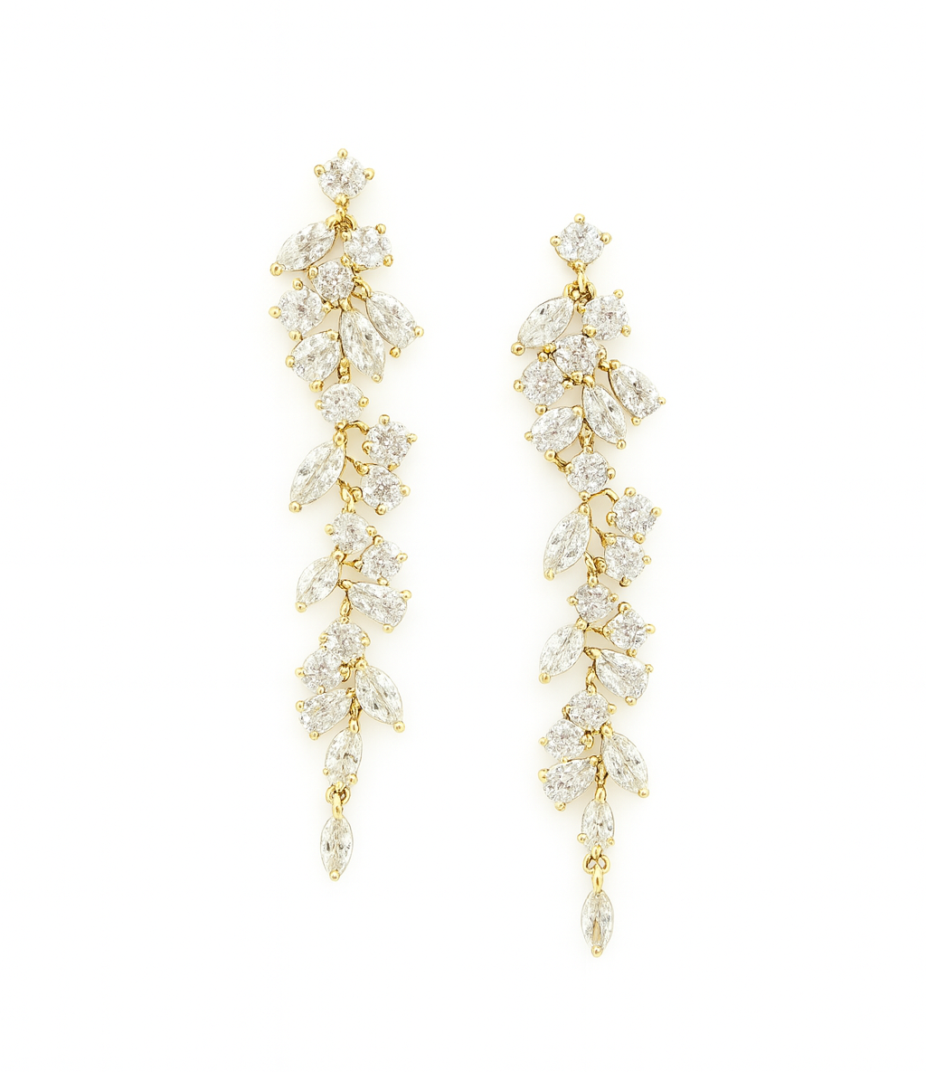 Gold-colored leaf dance earrings with zirconia